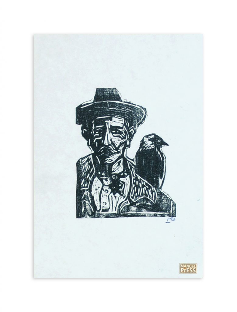 Billy Childish Man With Jackdaw Mangled woodcut for web art car boot fair