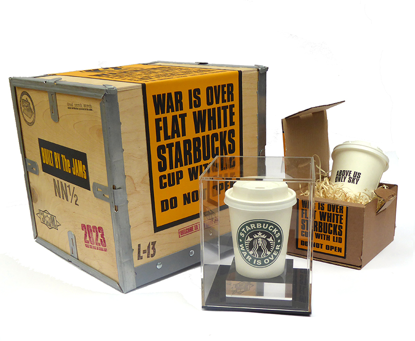 The JAMs 2023 War Is Over starbucks cup with plinth and box