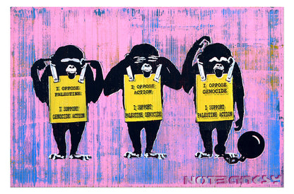 NOT BANKSY (un)"ORIGINALS": See No Evil Hear No Evil & Keep Your Mouth Shut - 4. Keep Your Mouth Shut in Pink and Yellow 40.5 x 61 cm image