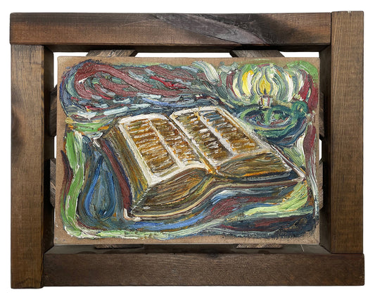 RARE Bible and Candle Painting in Artists Frame 2003