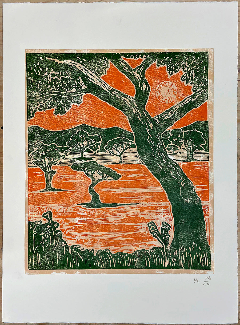 sun over trees Summer Solstice Woodcut