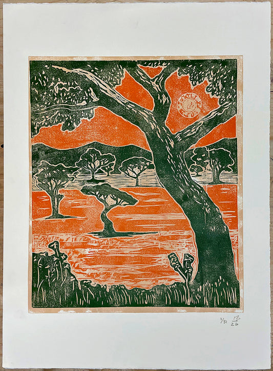 sun over trees Summer Solstice Woodcut