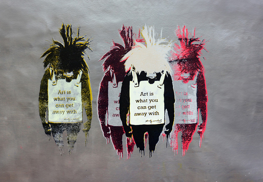 Warhol Not Banksy canvas Black Yello Pink on Silver